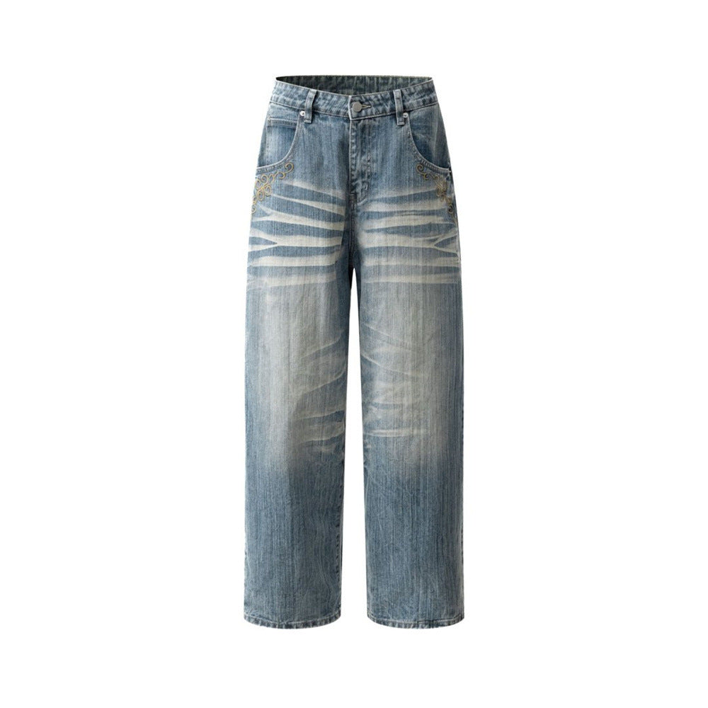 Light Blue Baggy Jeans Men – Vintage Wash Wide-Leg Denim with Punk Embroidery