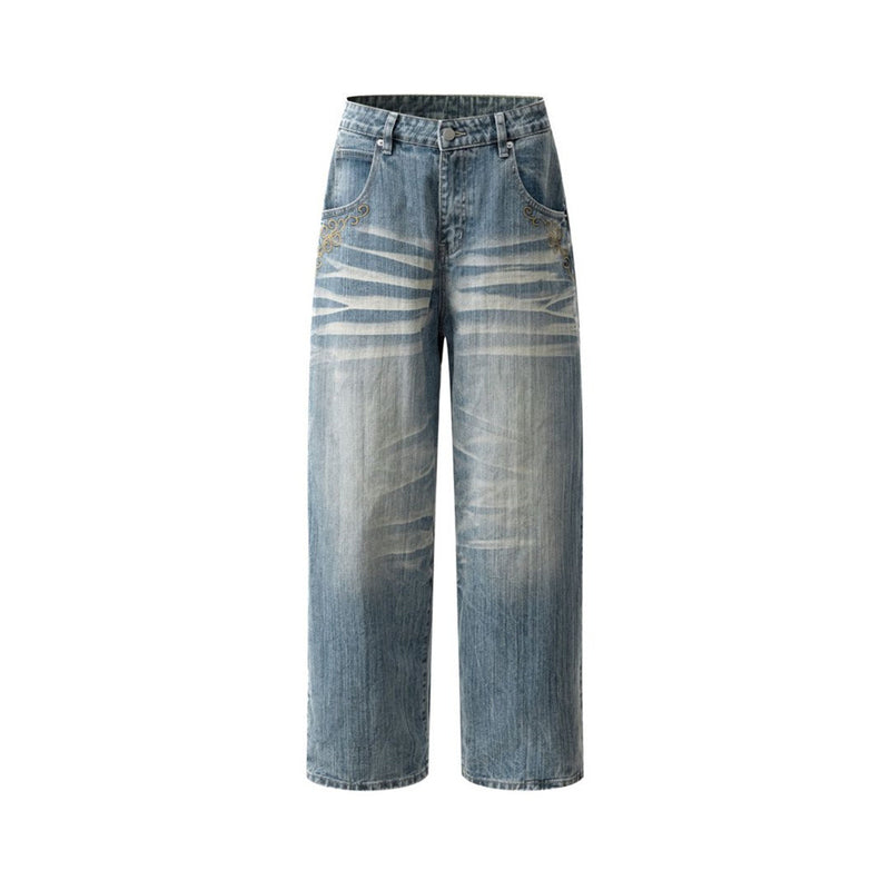 Light Blue Baggy Jeans Men – Vintage Wash Wide-Leg Denim with Punk Embroidery
