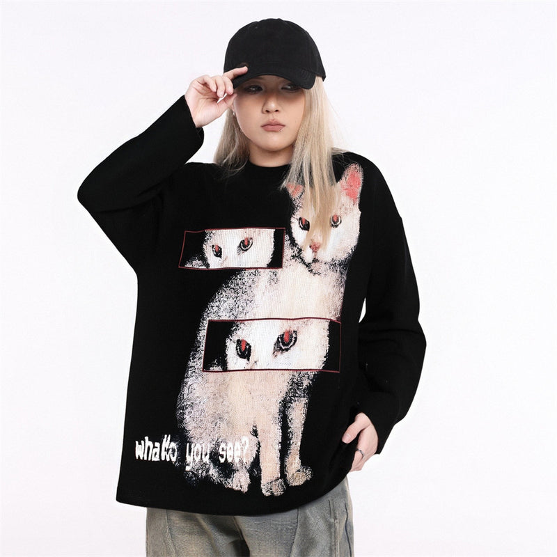 Black Long Sleeve Shirt Women — Oversized Cat Graphic Waffle-Knit Crew Neck Top