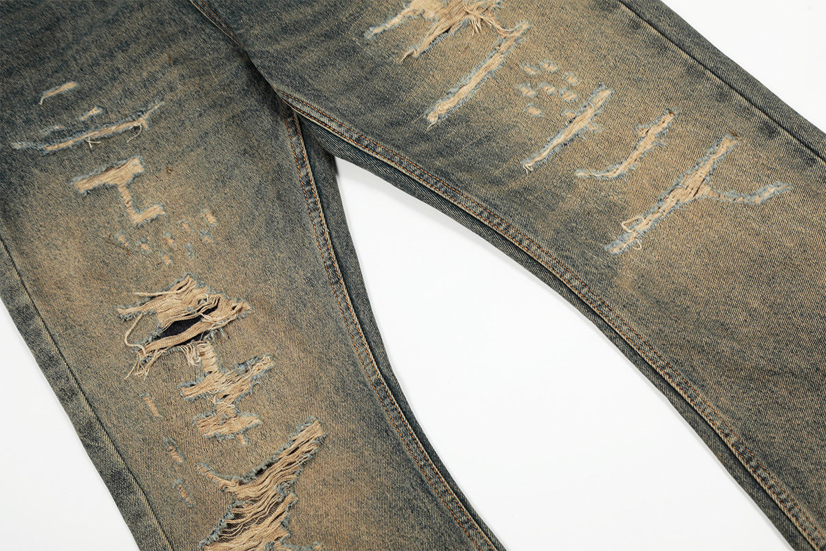 Distressed Straight-Leg-Jeans – Vintage-Washed-Ripped-Denim mit Dirty-Dye