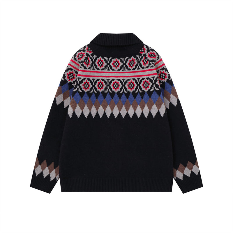 Men's Ethnic Jacquard Zip-Up Knit Cardigan Sweater – Argyle & Floral Pattern