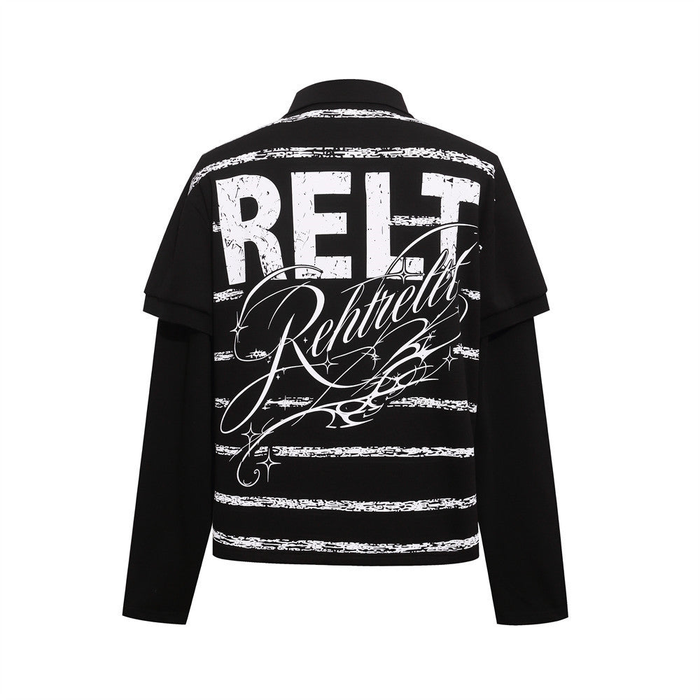 Men's Graphic Print Polo Layered Long-Sleeve Shirt – Streetwear Hip-Hop Style