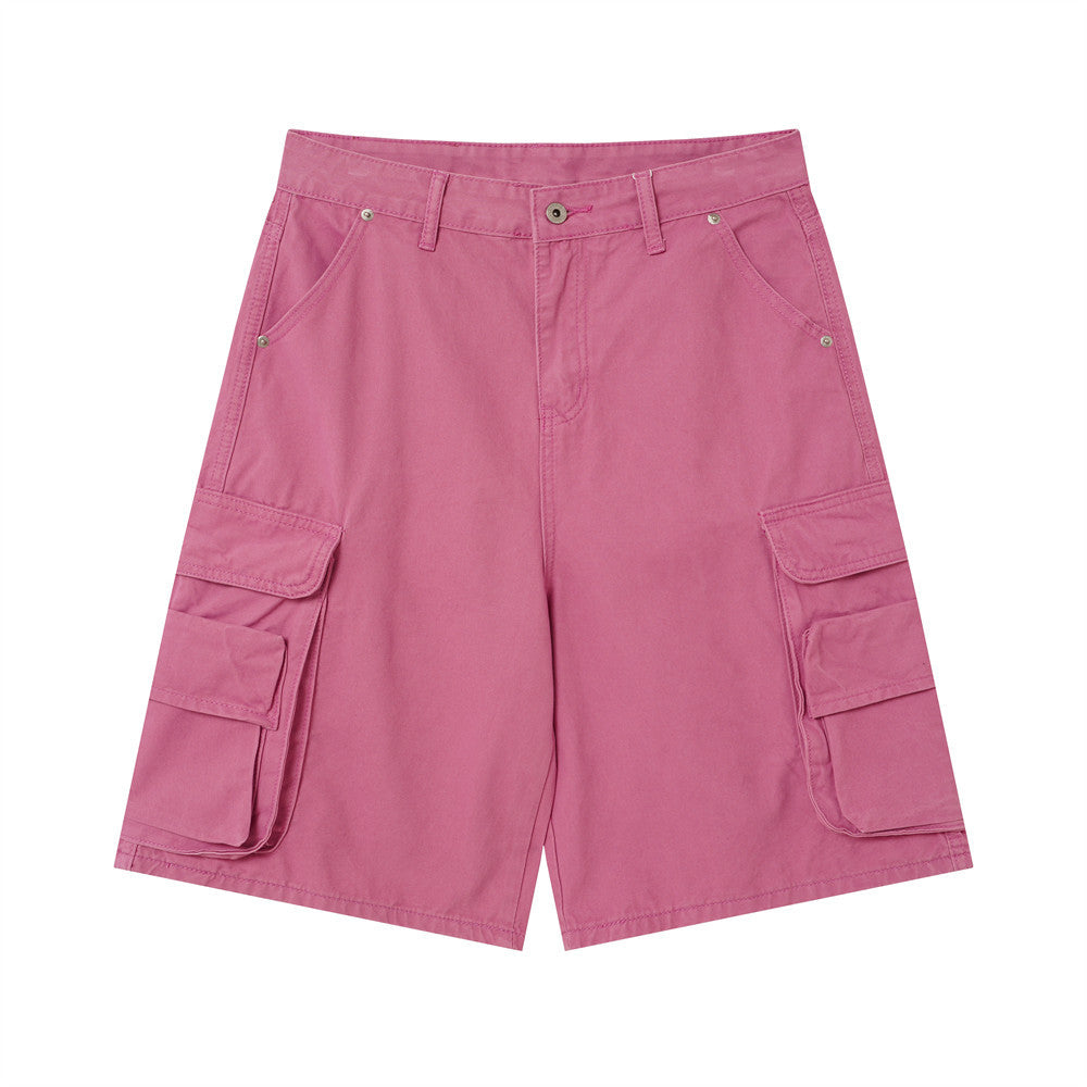 Men's rose pink long cargo shorts with wide-leg fit and dual thigh flap pockets, front and back view