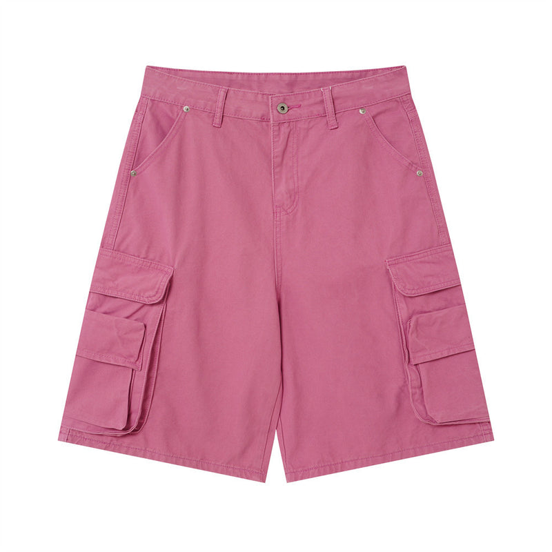 Men's rose pink long cargo shorts with wide-leg fit and dual thigh flap pockets, front and back view