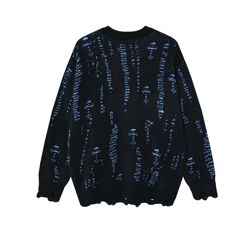 Distressed-Jacquard-Strickpullover mit Rundhalsausschnitt – Oversize-Streetwear