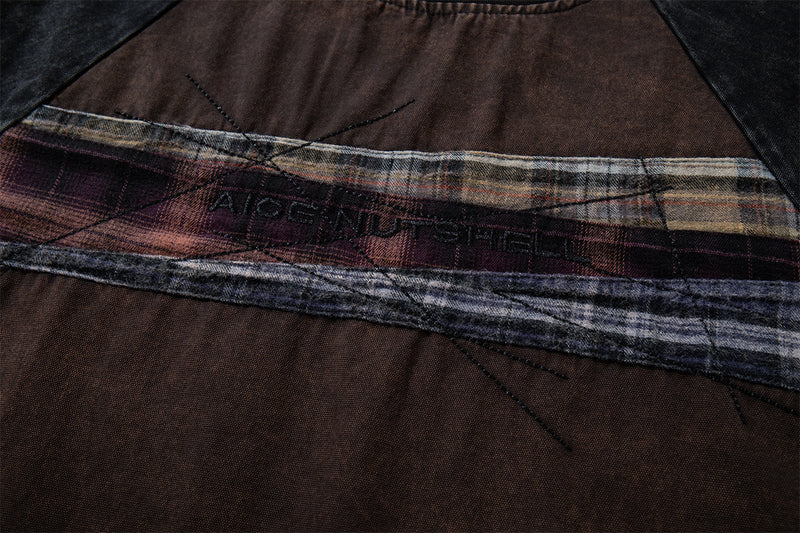 Long Sleeve Brown Shirt Raglan Patchwork Washed Vintage Streetwear Top