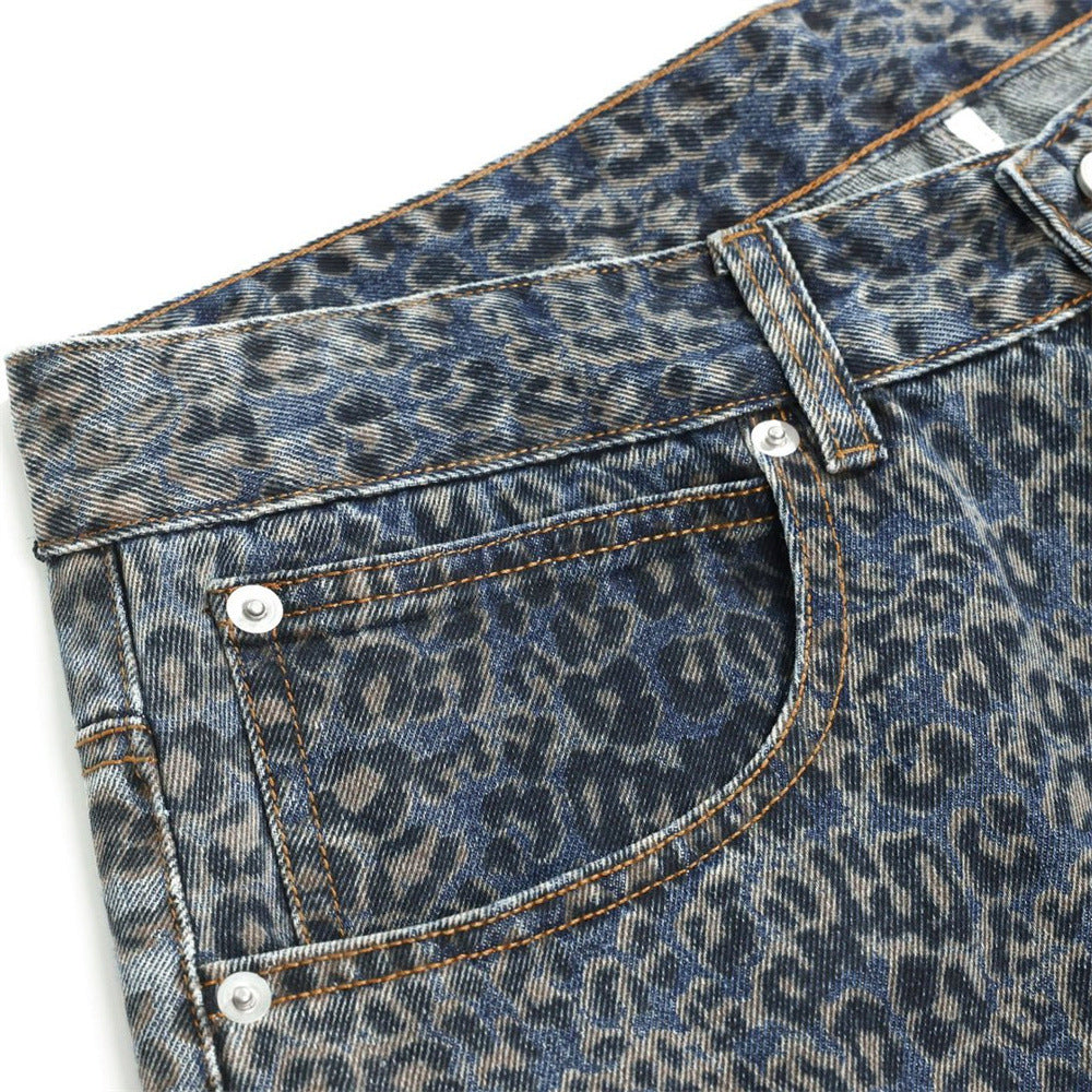 Leopard Print Wide-Leg Baggy Jeans – Oversized Curved Denim Pants