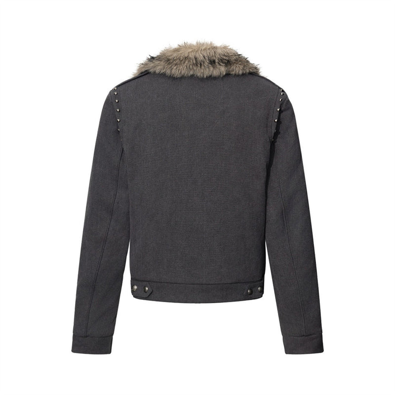 Veste moto homme à col en fausse fourrure – Zip diagonal, détails cloutés, gris anthracite