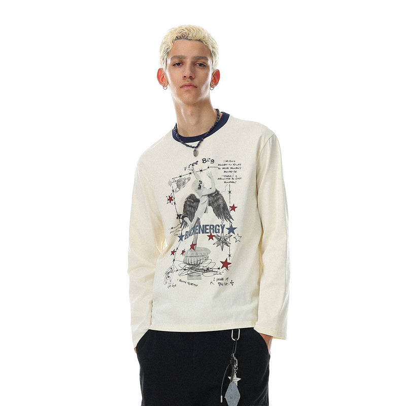 Men's relaxed-fit long-sleeve graphic tee with angel wings and BLACKENERGY print in off-white with contrast navy crew neck
