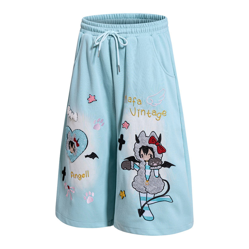 Anime Embroidered Wide-Leg Shorts – Kawaii Devil Angel Graphic Streetwear