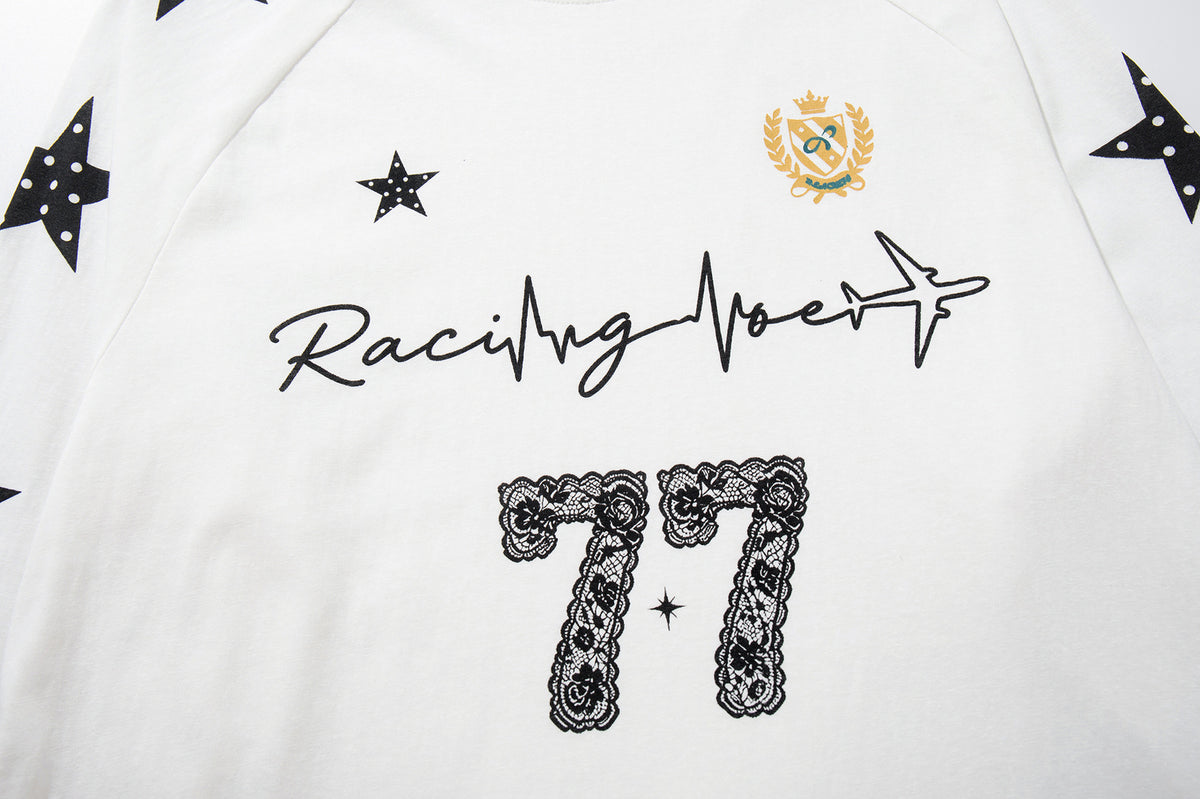 Camiseta gráfica universitaria de manga larga con estrellas – Racing Heart Lace 77