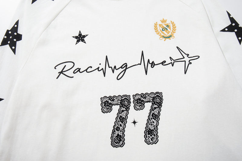Camiseta gráfica universitaria de manga larga con estrellas – Racing Heart Lace 77