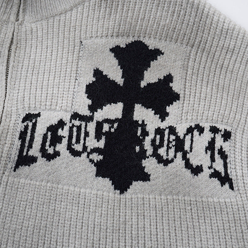 Veste-pull zippée en maille croisée gothique – Gilet oversize punk à col cheminée