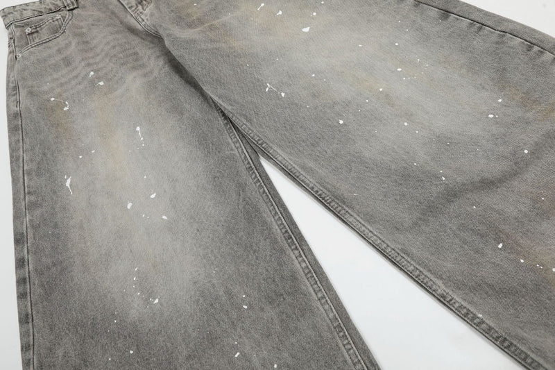Jean baggy à jambes larges – Denim gris délavé à l’acide avec éclaboussures de peinture
