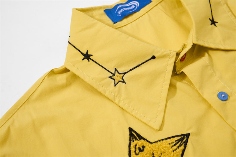 Cartoon Embroidered Short Sleeve Shirt – Oversized Streetwear Button-Up