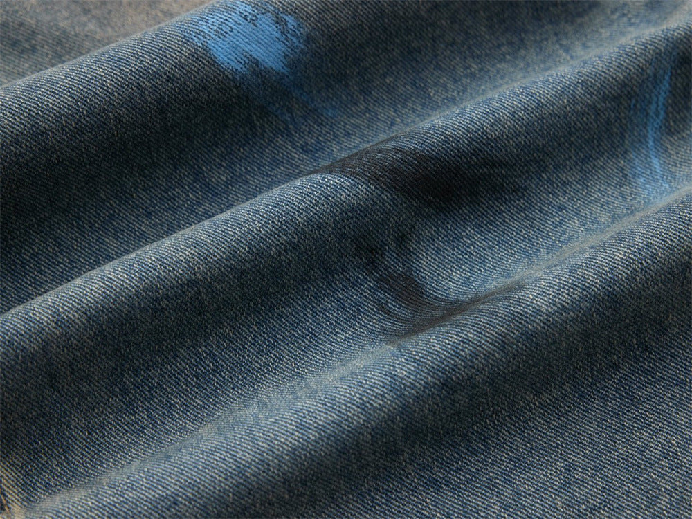 Baggy Jeans with Paint Splatter Patchwork & Distressed Raw-Edge Detail