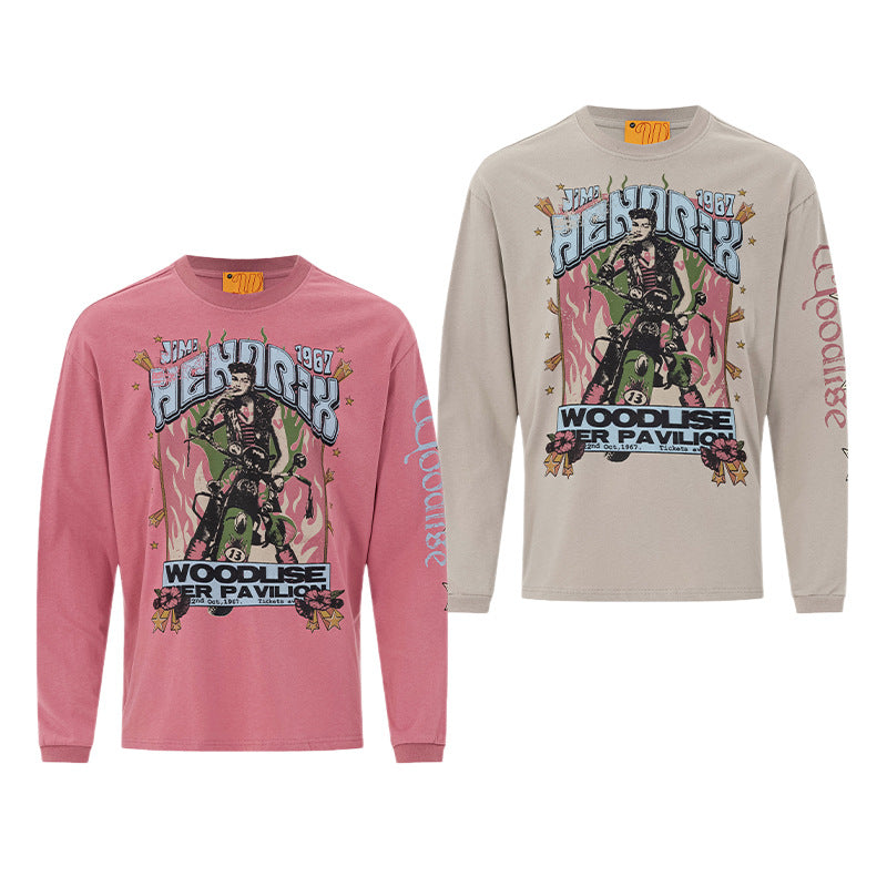 Camiseta Vintage de Manga Larga con Gráfico Moto – Estampado del Concierto de Jimi Hendrix de 1967