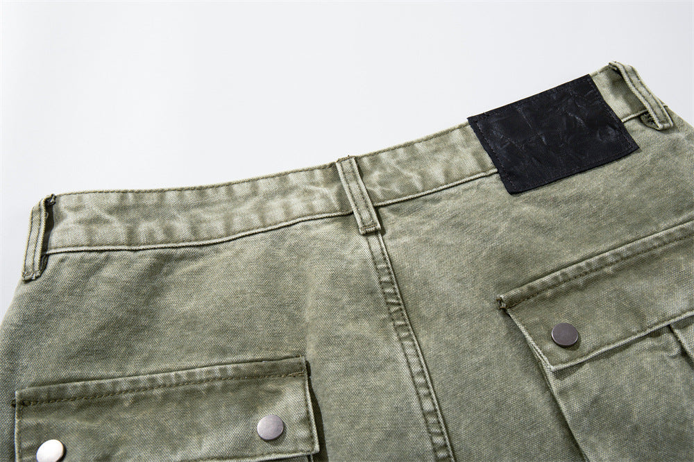 Wide-Leg Cargo Pants with Tribal Graphic & Letter Print – Acid Wash Army Green