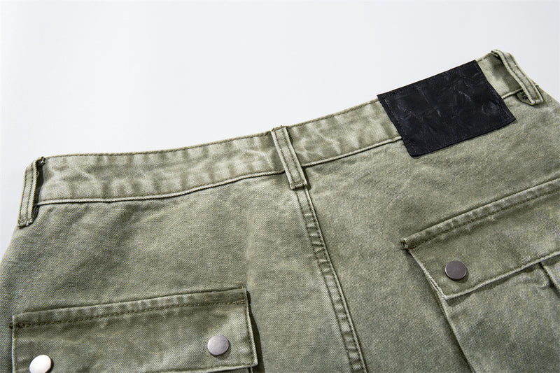 Wide-Leg Cargo Pants with Tribal Graphic & Letter Print – Acid Wash Army Green