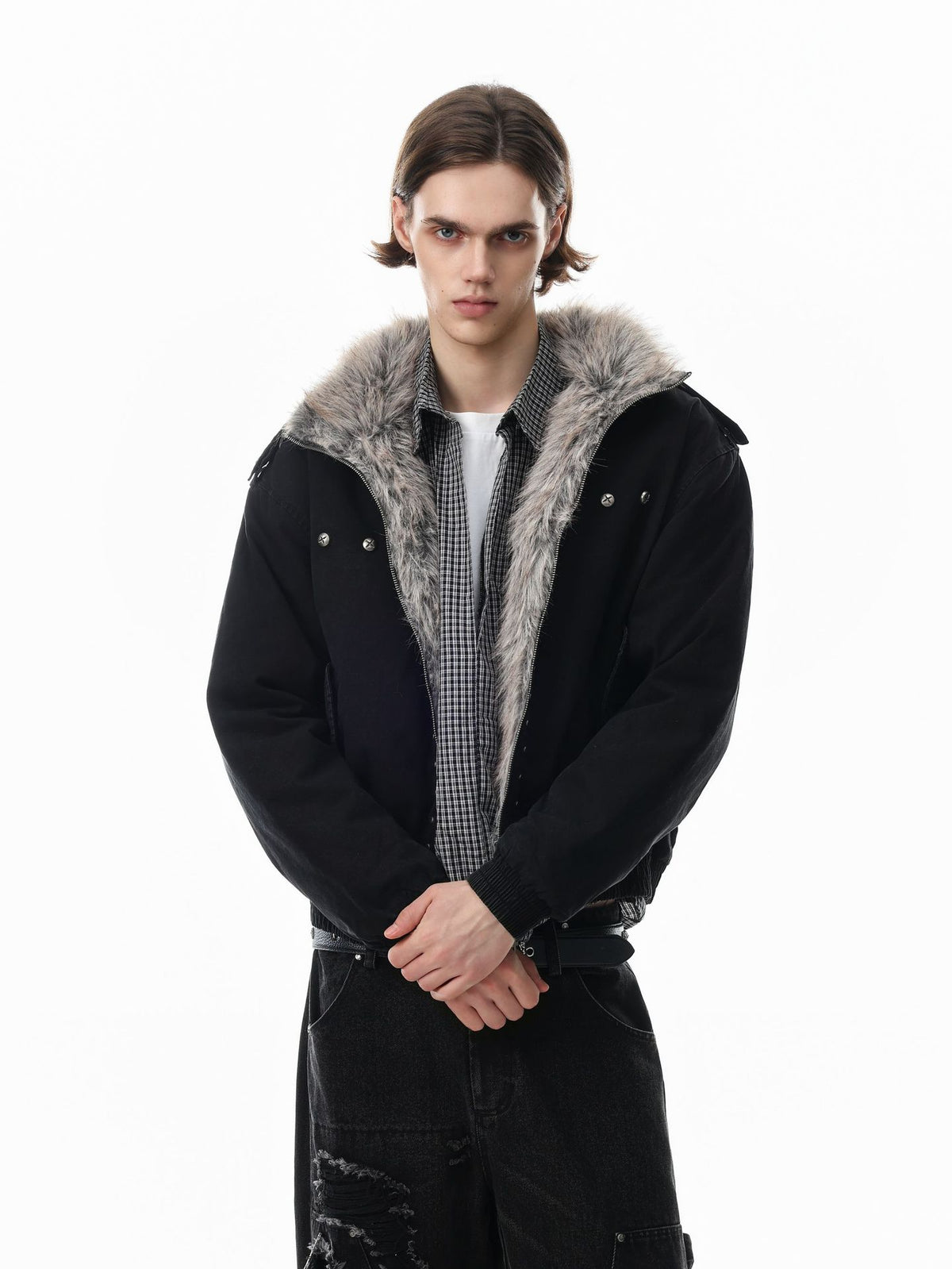 Studded Faux Fur Collar Bomber Jacket – Padded Moto-Inspired Winter Coat