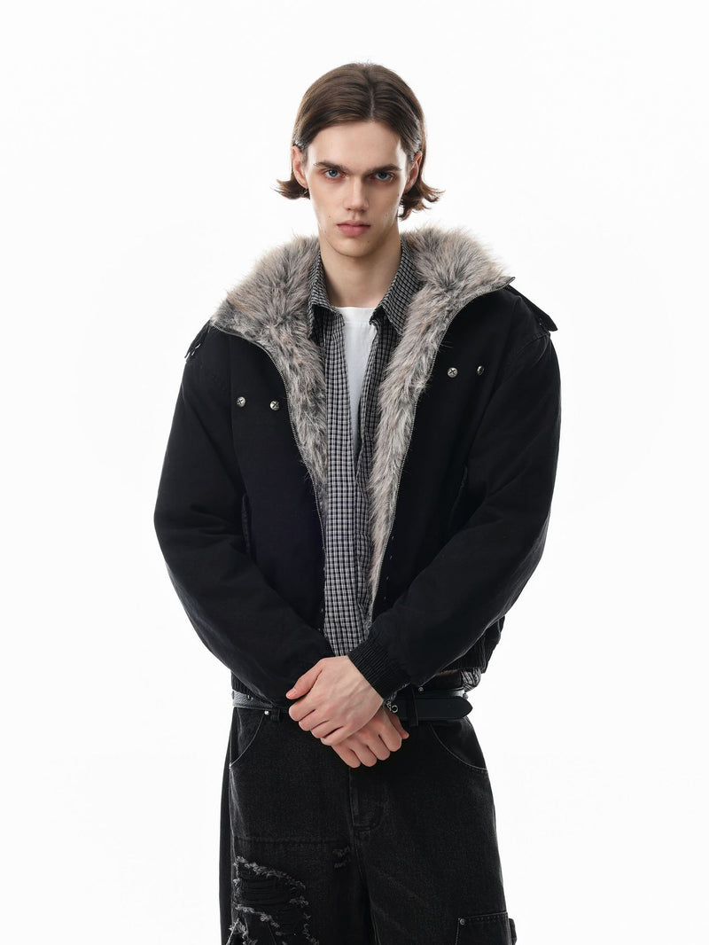 Studded Faux Fur Collar Bomber Jacket – Padded Moto-Inspired Winter Coat