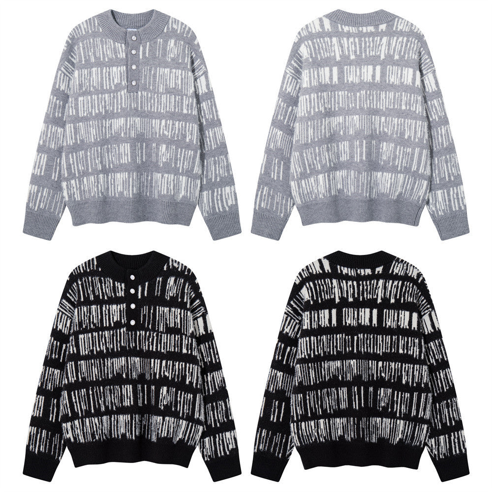 Jersey de punto jacquard a rayas con cuello henley para hombre: manga larga extragrande
