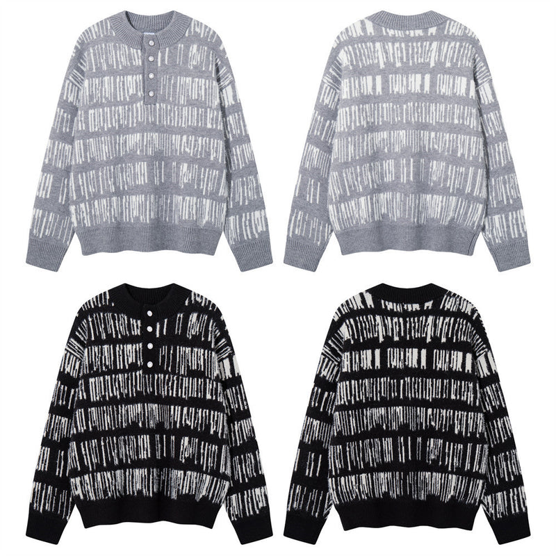 Jersey de punto jacquard a rayas con cuello henley para hombre: manga larga extragrande
