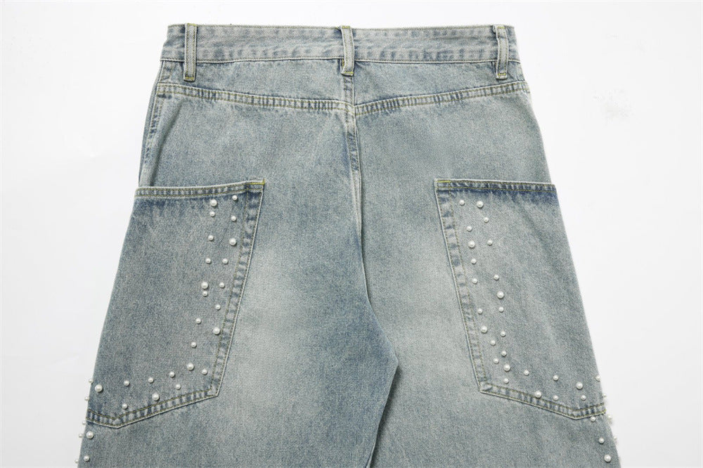 Pearl-Studded Wide-Leg Denim Cargo Jeans – Vintage Washed Scimitar Cut