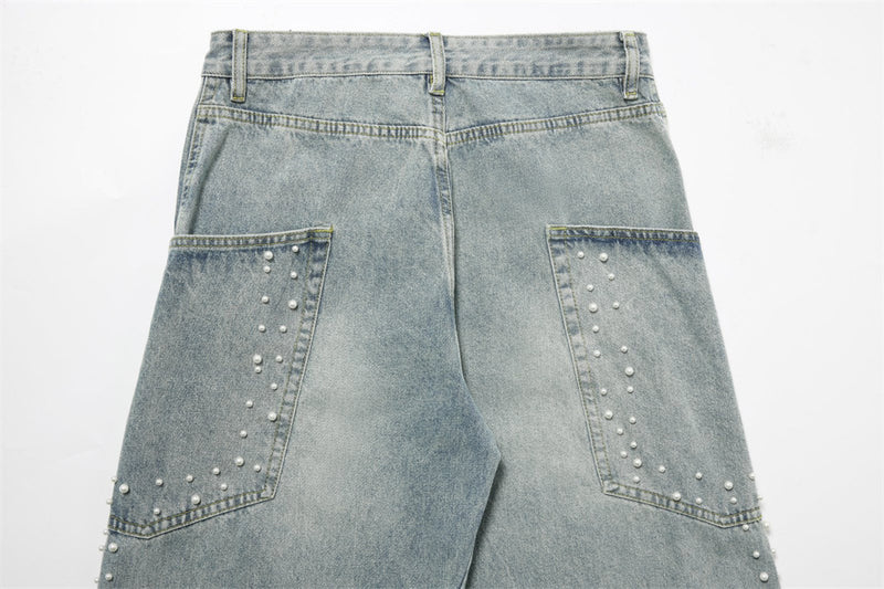 Pearl-Studded Wide-Leg Denim Cargo Jeans – Vintage Washed Scimitar Cut