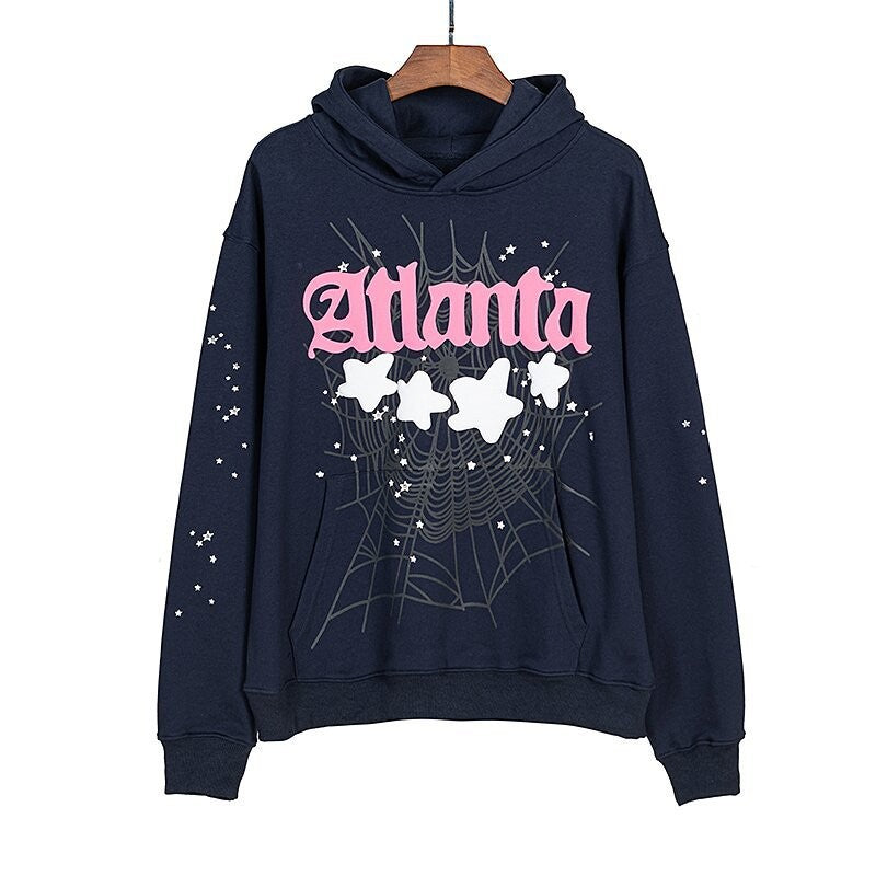 Sp5der “Atlanta Nights” Web Hoodie – Navy Blue 440GSM Heavyweight Oversized Streetwear Pullover