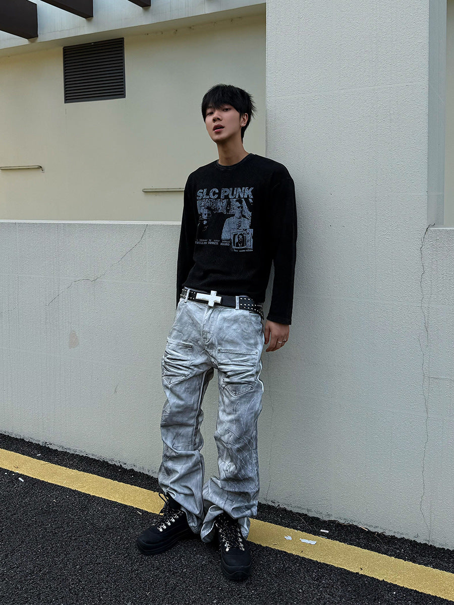 SLC Punk Langarmshirt aus Waffelstrick mit Grafikprint – Verwaschenes Schwarz