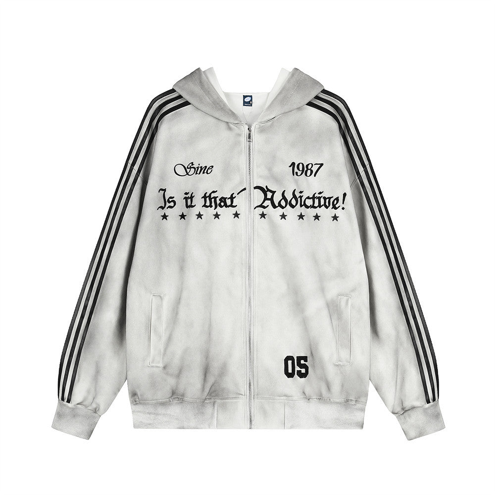 Oversized distressed tie-dye zip-up hoodie with gothic letter graphic and three-stripe sleeves in dirty white wash, front and