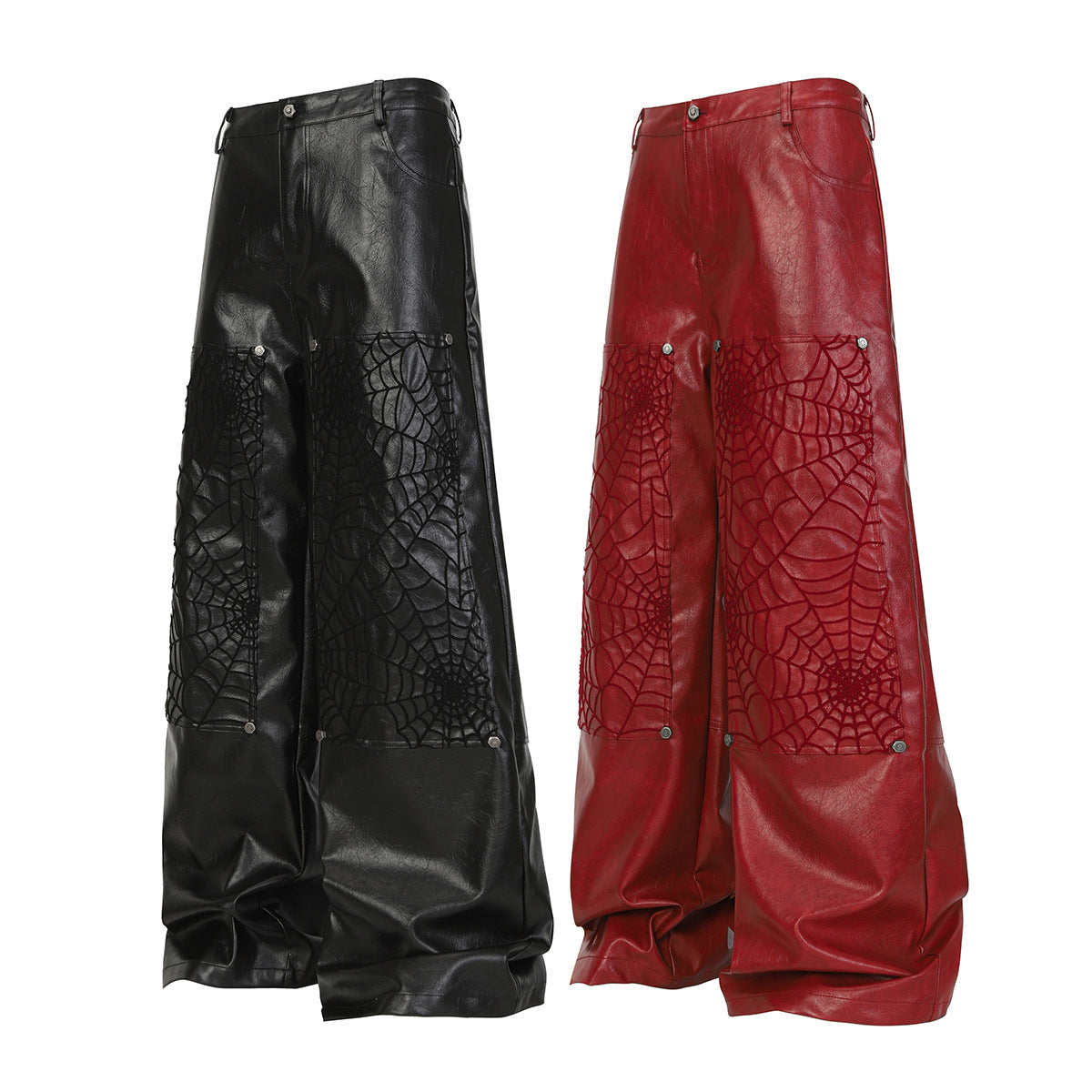 Wide-Leg Faux Leather Pants with Spiderweb Embossed Panels