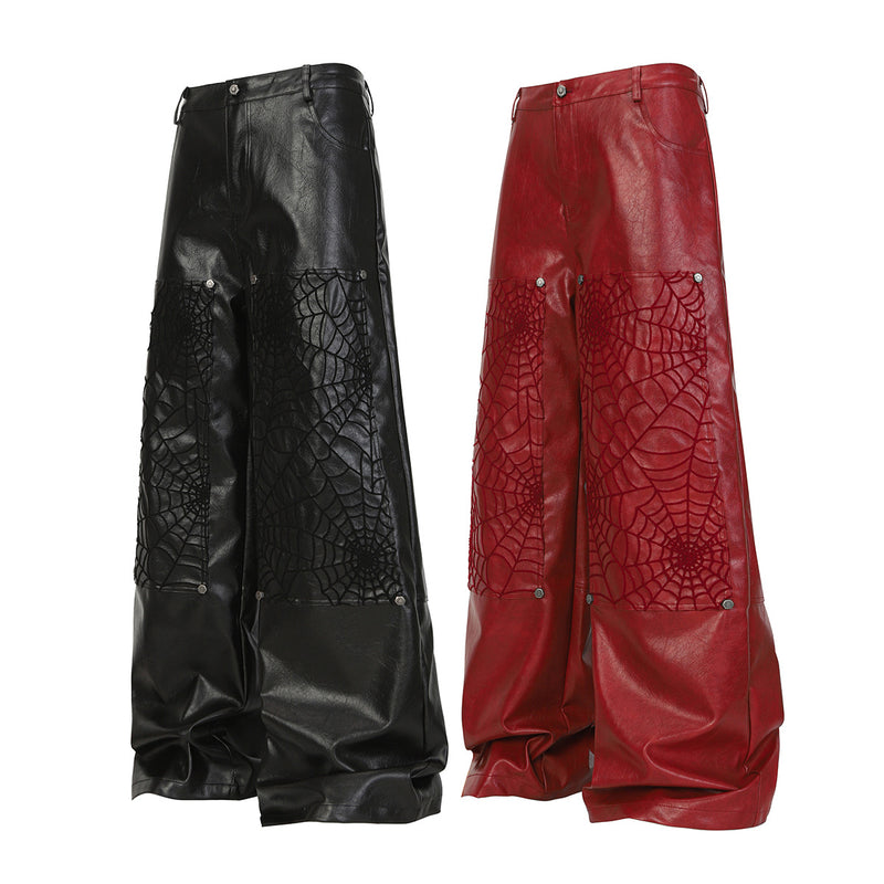 Wide-Leg Faux Leather Pants with Spiderweb Embossed Panels