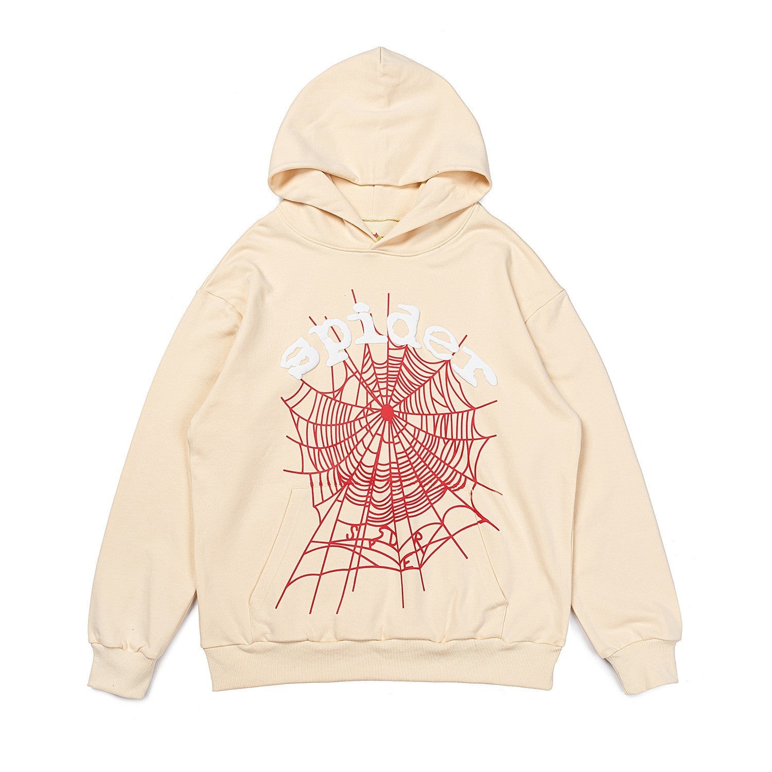 The Sp5der “Web Classic” Hoodie in Cream Beige is a 440GSM heavyweight, oversized streetwear pullover featuring a bold red spiderweb graphic and “spiders” lettering—an essential piece for any streetwear collection.