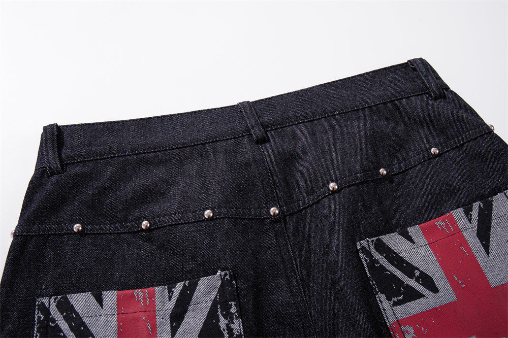 Wide-Leg Denim Jeans with Union Jack Print & Button Fly
