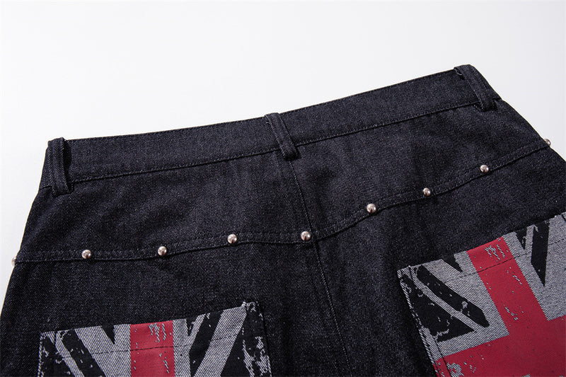 Wide-Leg Denim Jeans with Union Jack Print & Button Fly