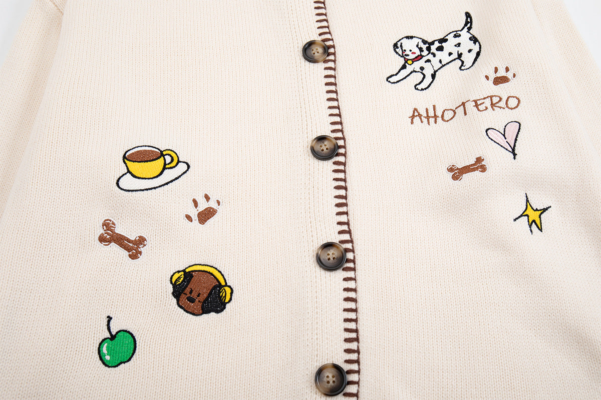 Gilet en maille brodé de motifs cartoon – Chien dalmatien boutonné