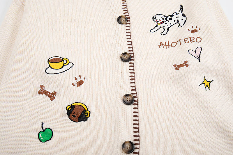 Gilet en maille brodé de motifs cartoon – Chien dalmatien boutonné
