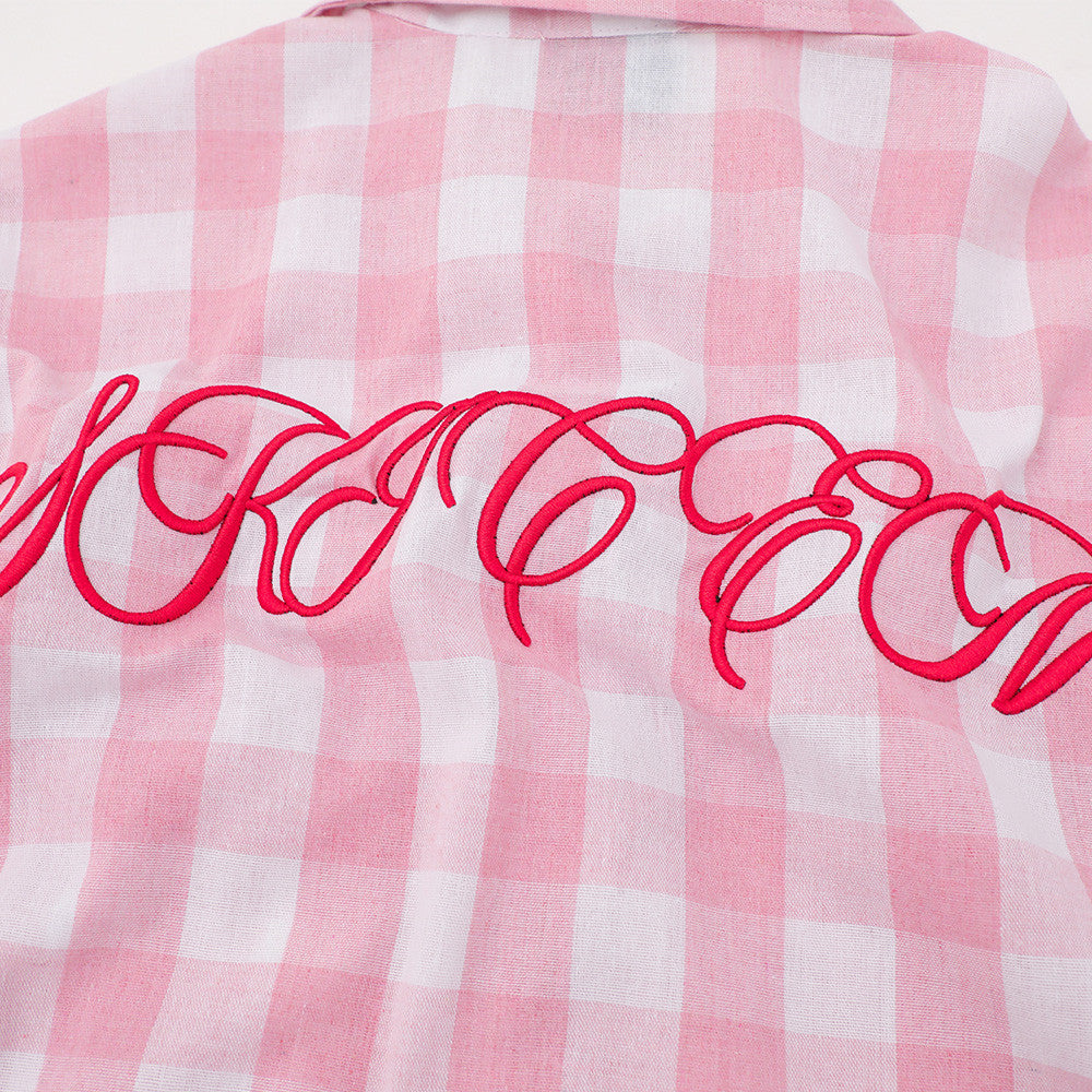 Oversized Gingham Check Short Sleeve Shirt with Embroidered Script Logo