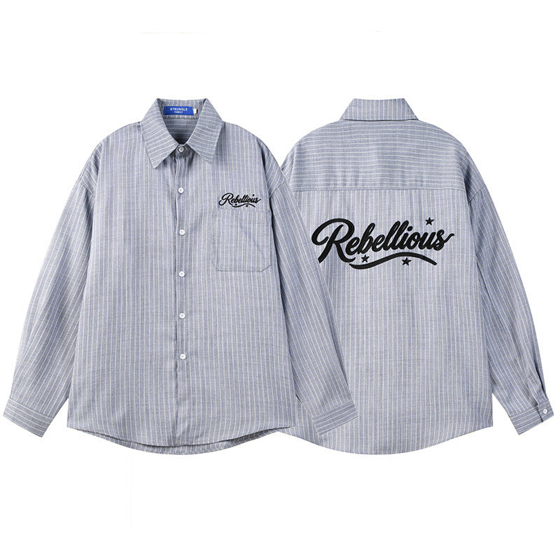 Stripe Long Sleeve Shirt with Rebellious Script Embroidery, Oversized Fit