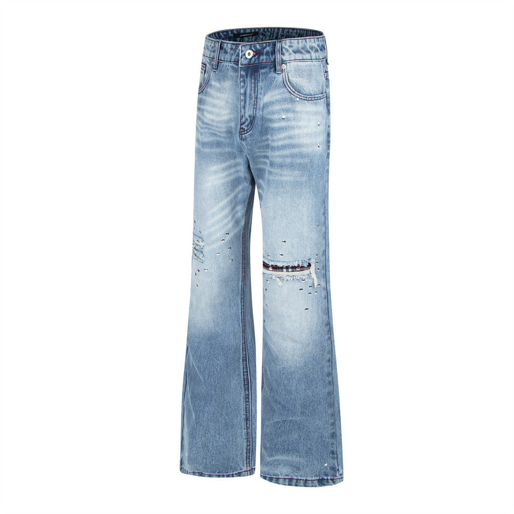 Men's Distressed Flare Jeans – Light Blue Washed Denim with Plaid Patch Detail
