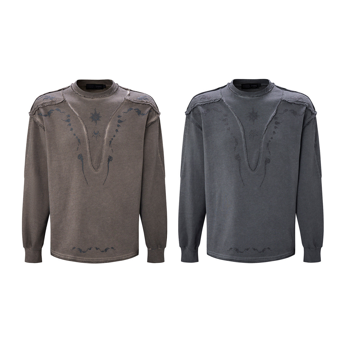 Long Sleeve Acid Wash Shirt with Celestial Print & Raw-Edge Seam Detail