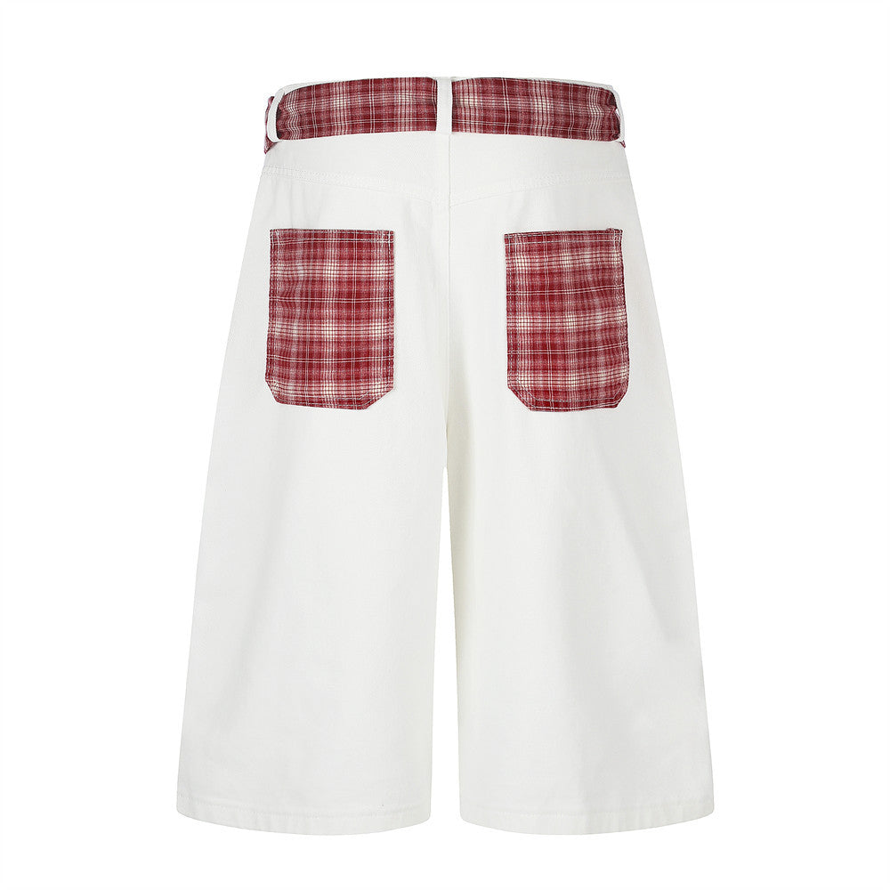 Cartoon Embroidery Wide-Leg Shorts with Plaid Tie Detail