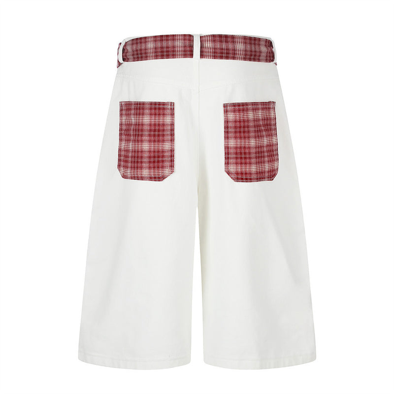 Cartoon Embroidery Wide-Leg Shorts with Plaid Tie Detail