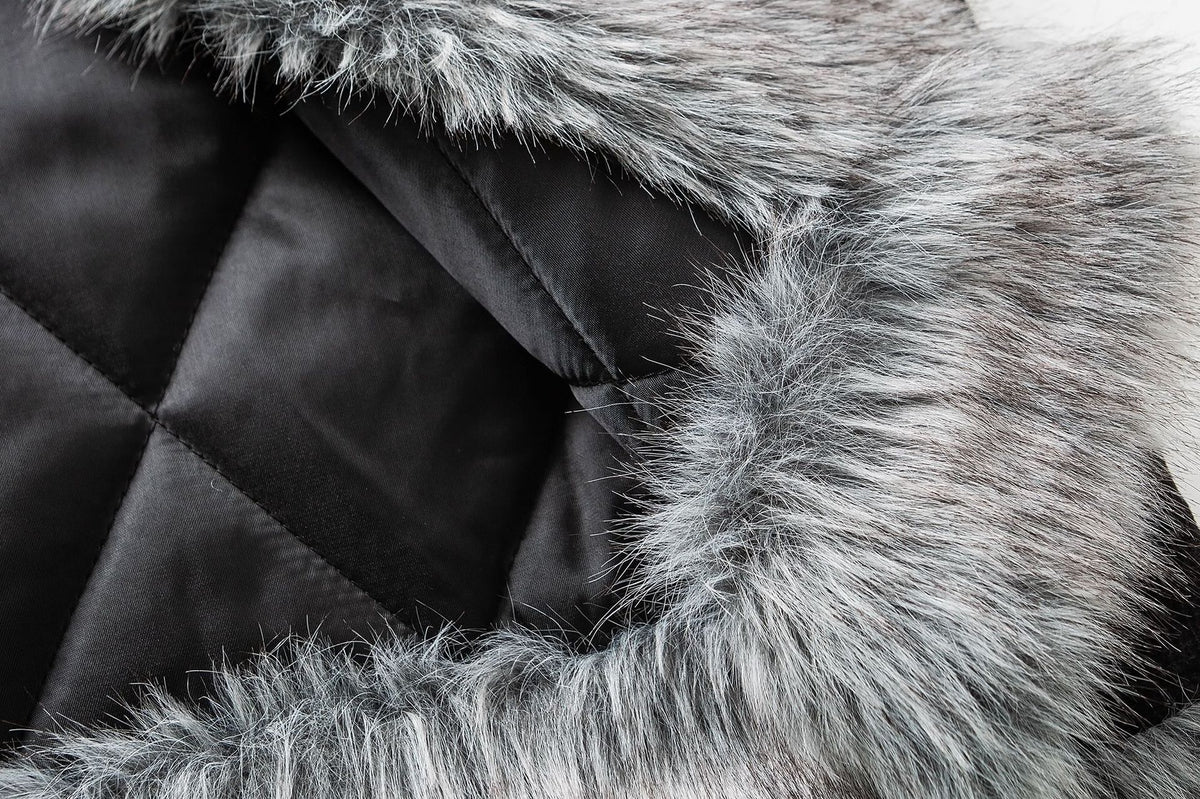 Faux Fur Lined Chenille Moto Jacket – Black Winter Biker Coat with Fur Collar &