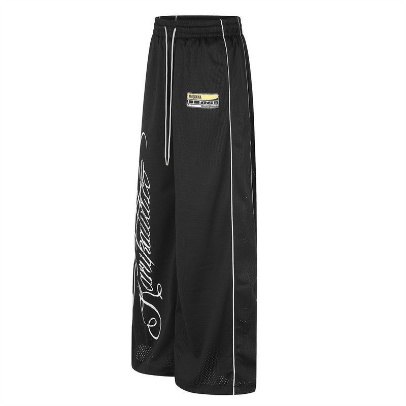 Herren-Meshhose mit weitem Bein und elastischem Bund – Script-Logo-Print, gerader Schnitt