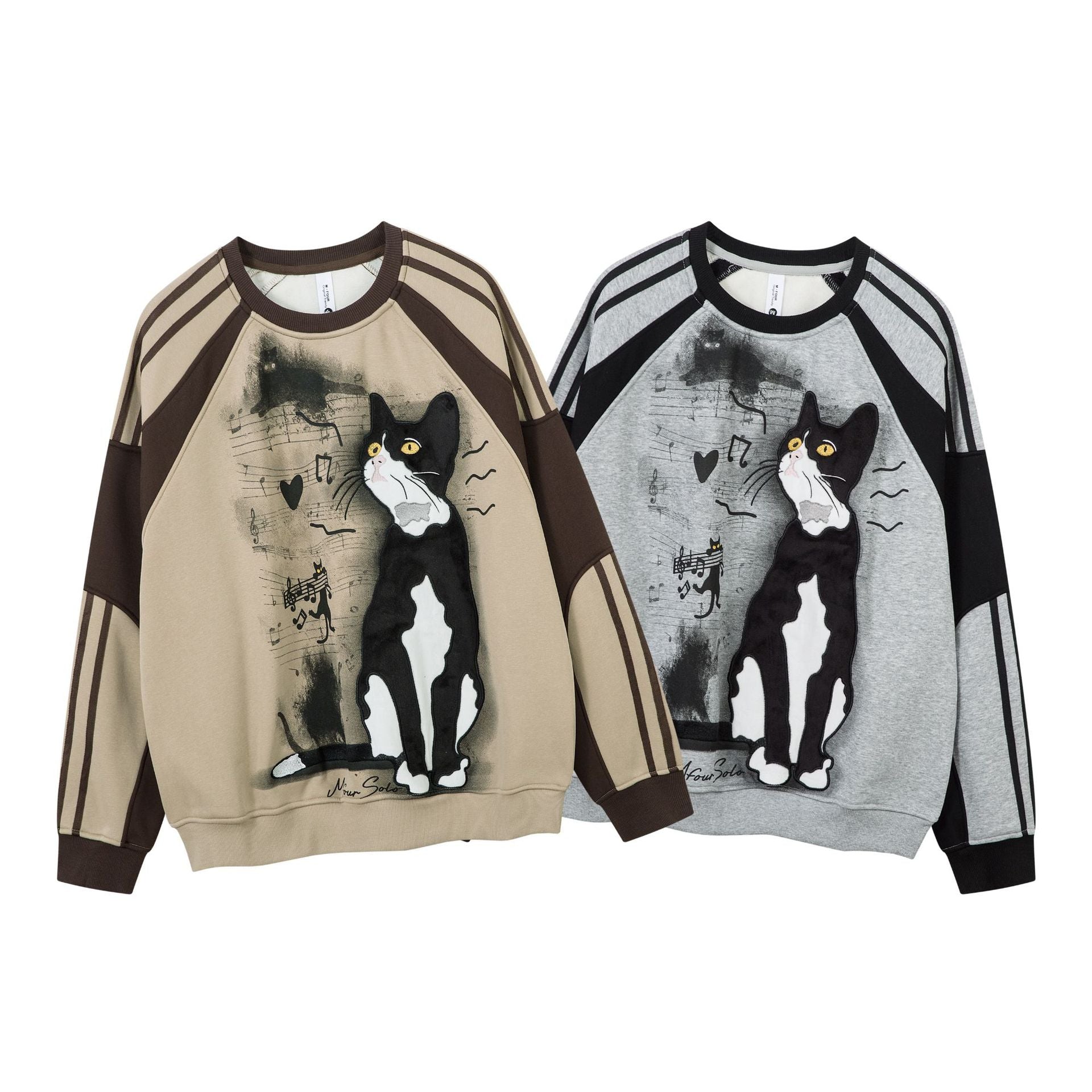 Sweat-shirt motif chat en smoking avec imprimé note de musique et manches raglan color block