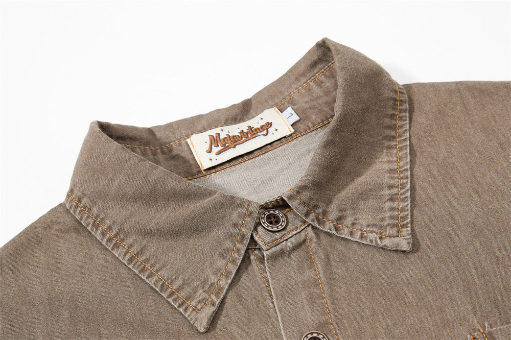 Vintage Sun-Faded Washed Denim Short Sleeve Shirt – Oversized Streetwear Fit
