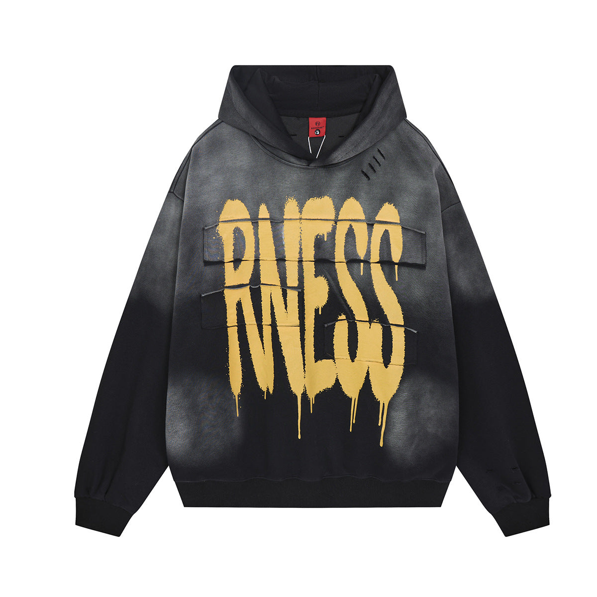 Oversized graffiti print washed distressed hoodie in washed black with gold drip lettering, front view